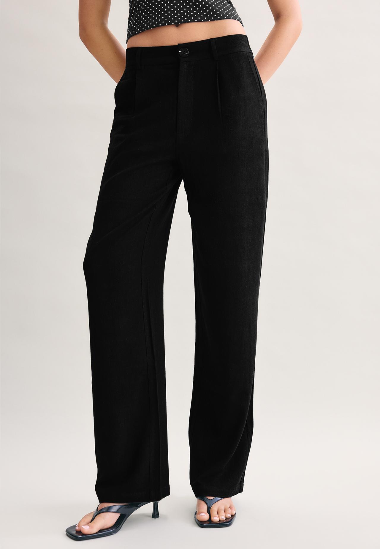 Straight-leg linen-effect trousers — Black