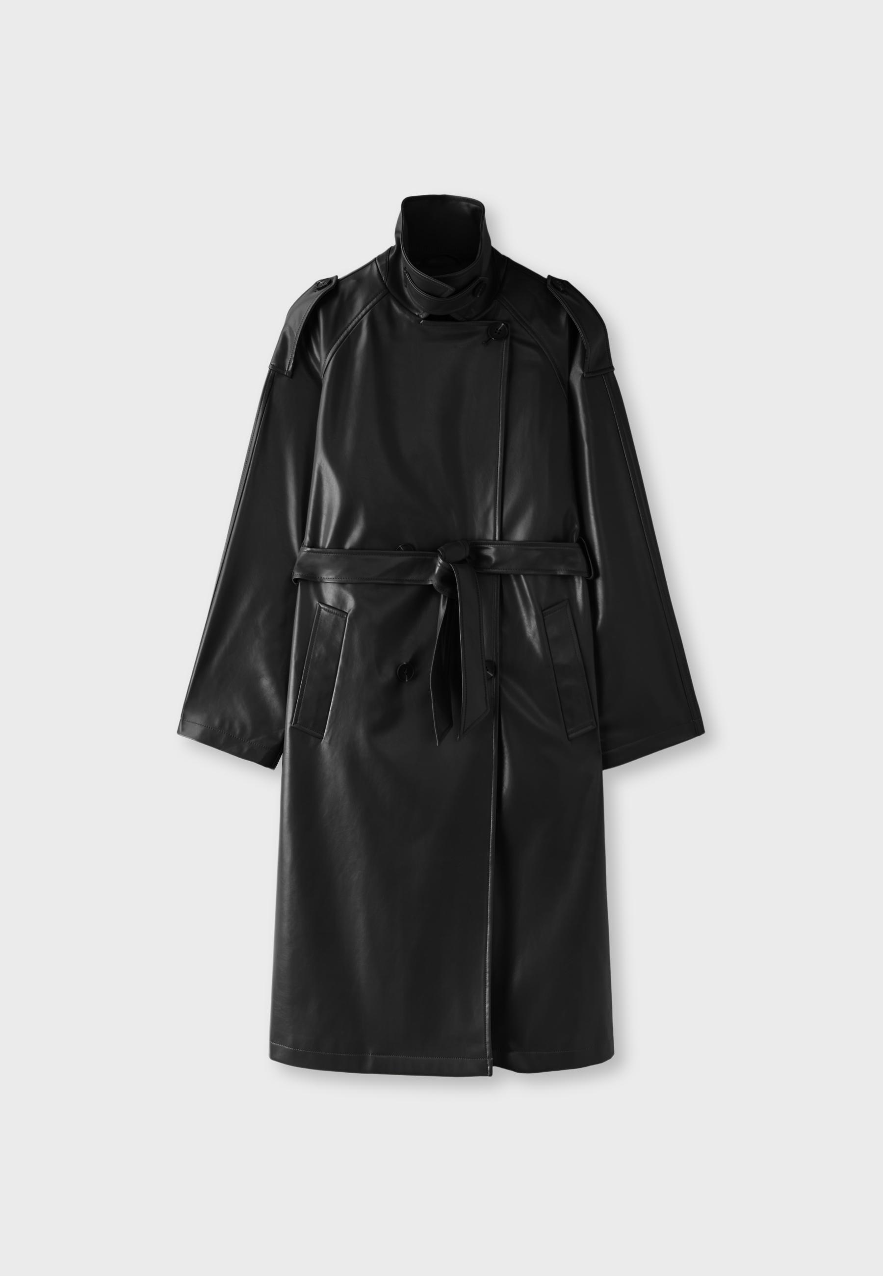 Long leather effect trench coat — Black