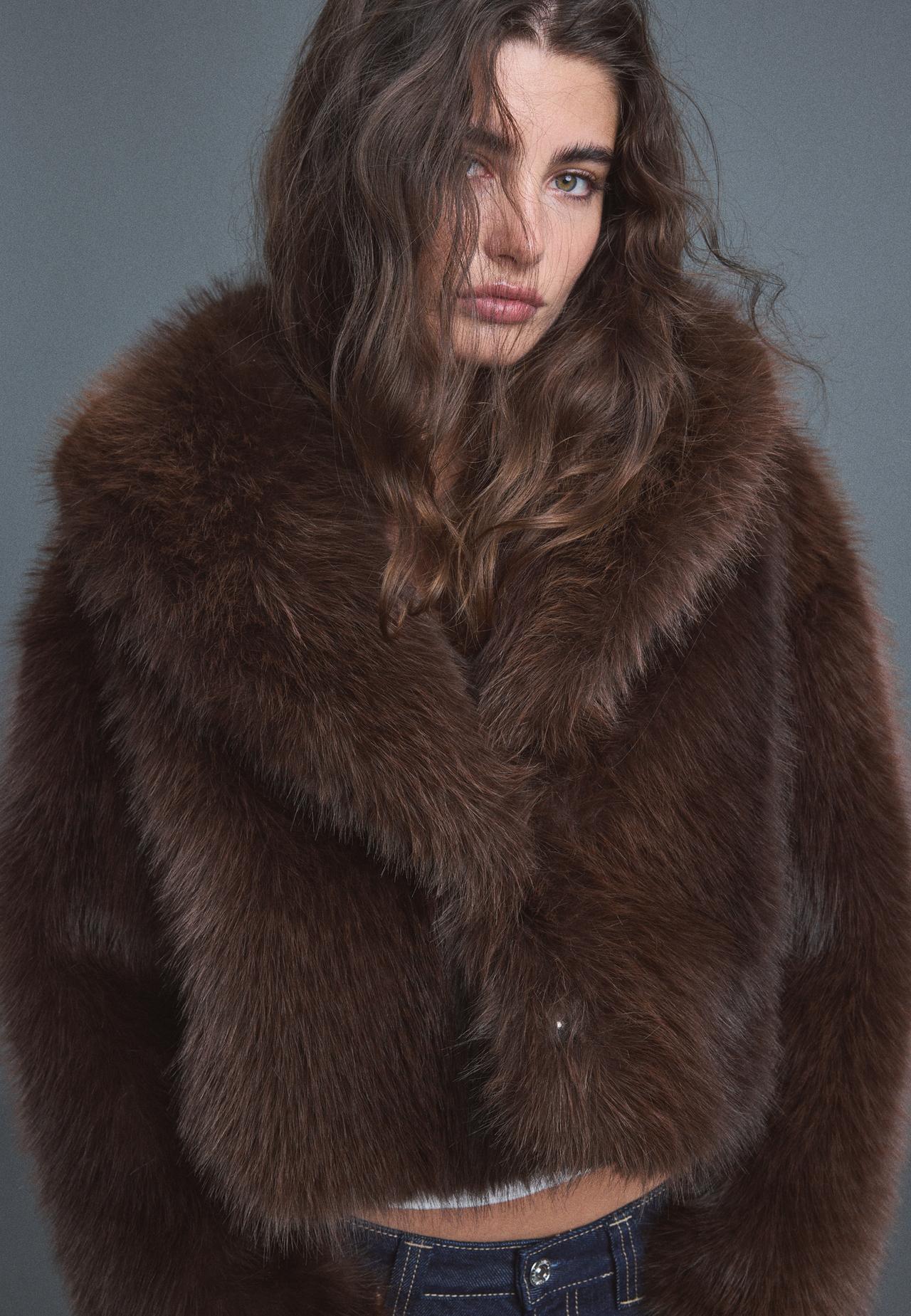 Faux fur shawl neck jacket — Brown