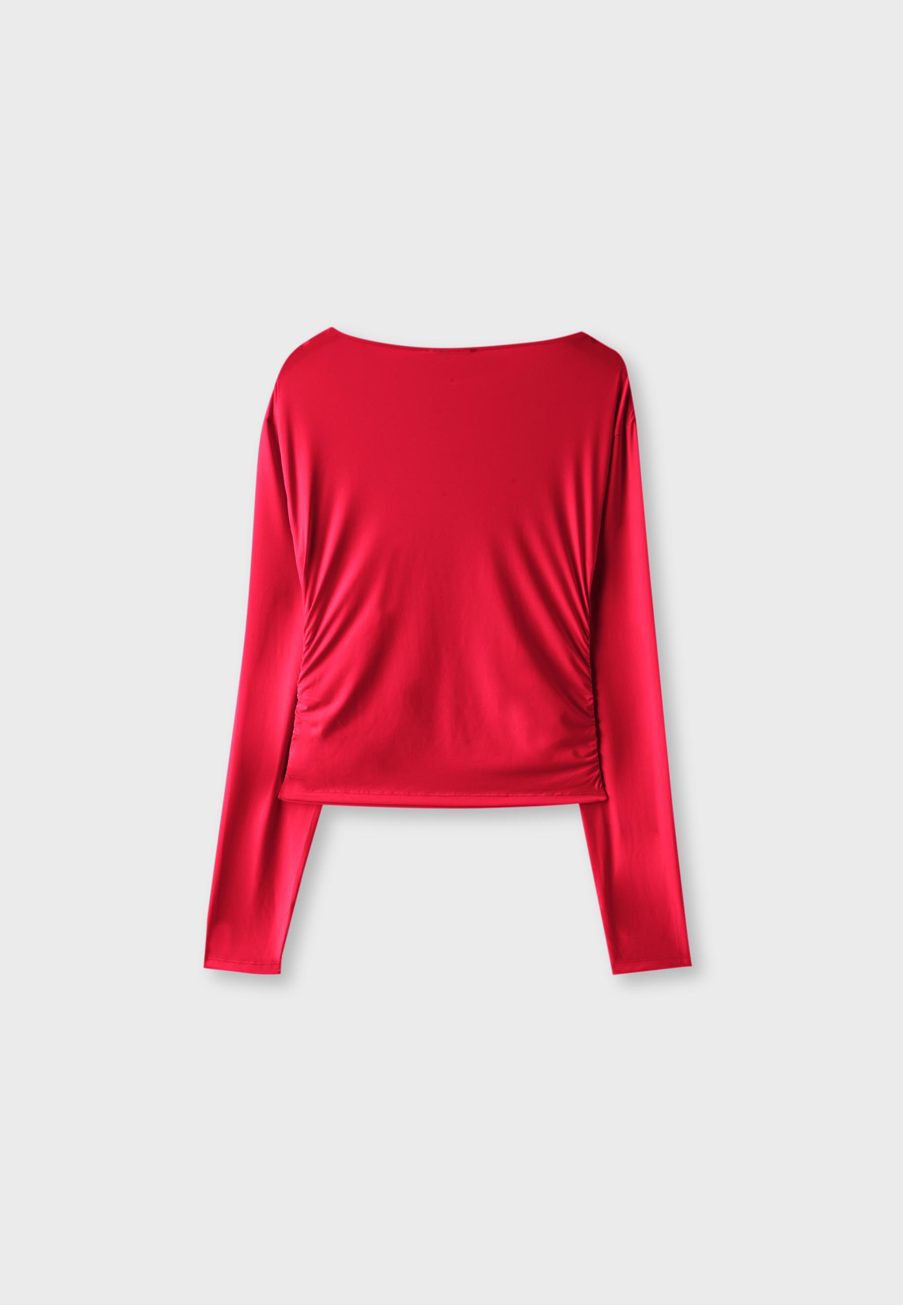 Long sleeve gathered polyamide T-shirt — Red