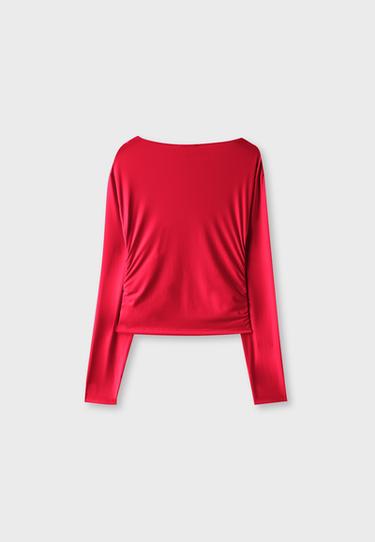 Polyamide long sleeve ruched T-shirt — Red 8