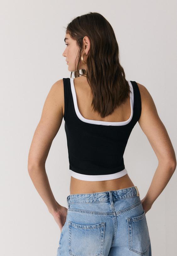 Stradivarius Top Double Col Carré Noir Xl