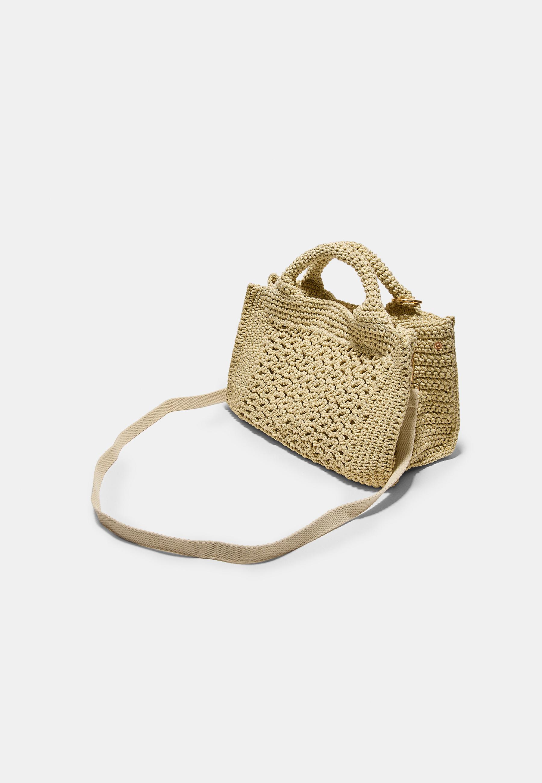 Metallic yarn crochet tote bag — Ecru