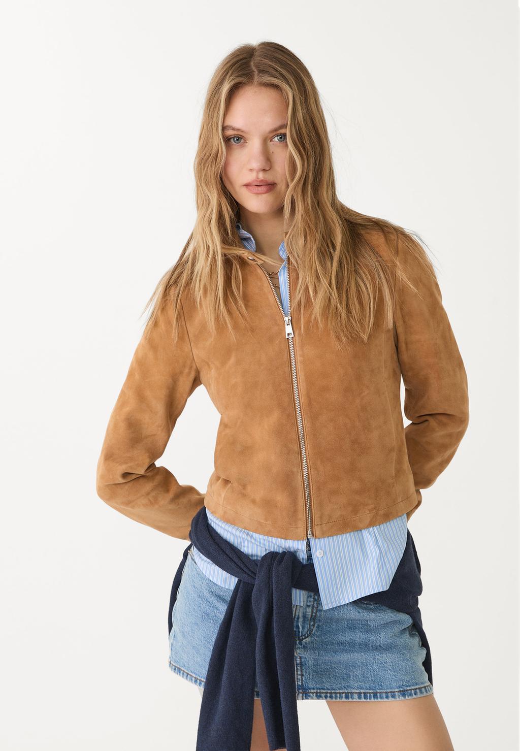 100% suede leather zip-up jacket