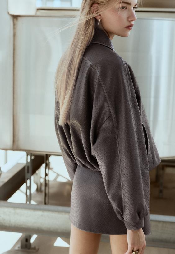 Stradivarius Πλεκτό Bomber Τζάκετ Με Όψη Δέρματος Ανθρακί Xs