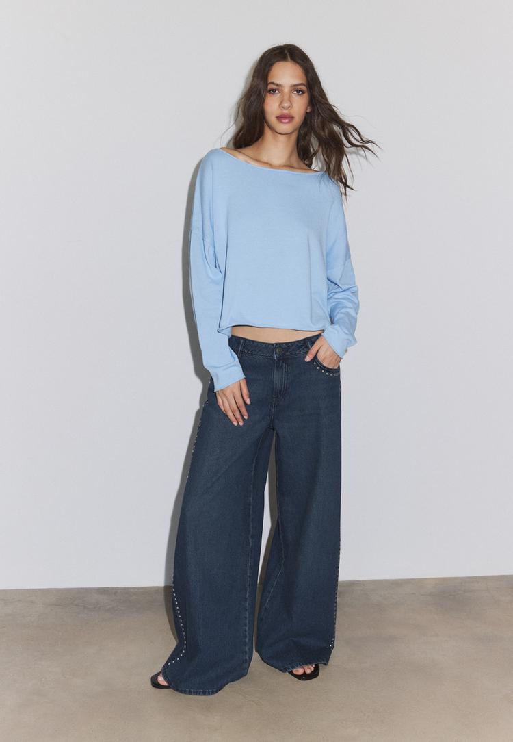 Cropped-Pullover mit Bateau-Ausschnitt Himmelblau L
