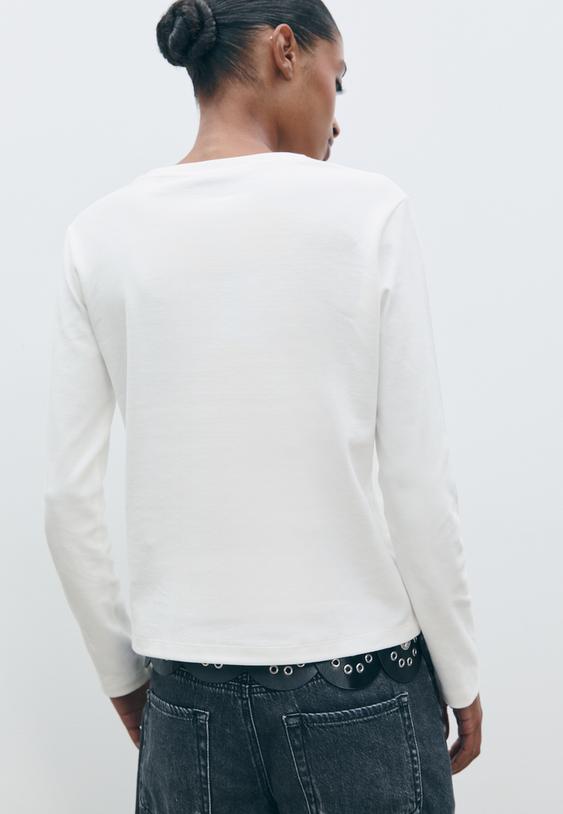 Stradivarius Βασικό Βαμβακερό Μπλουζάκι Κανονικής Γραμμής Εκρού L