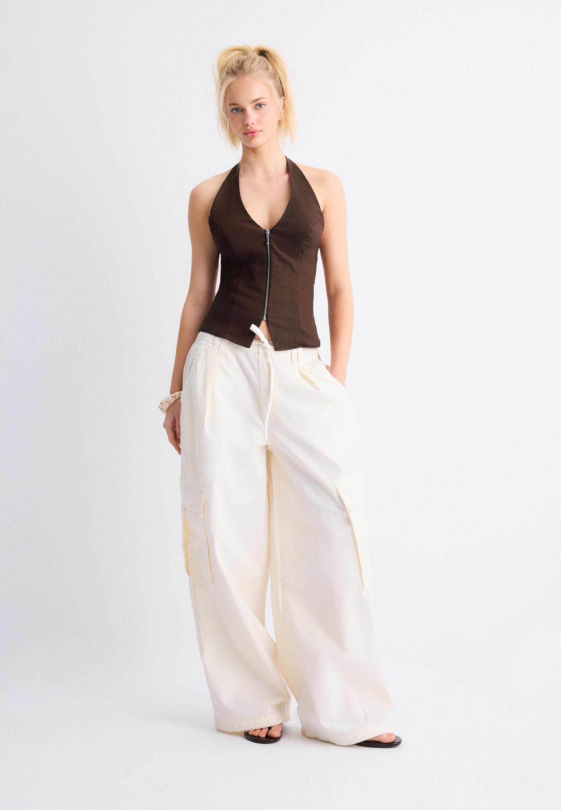 Poplin trousers with stoppers — Vanilla