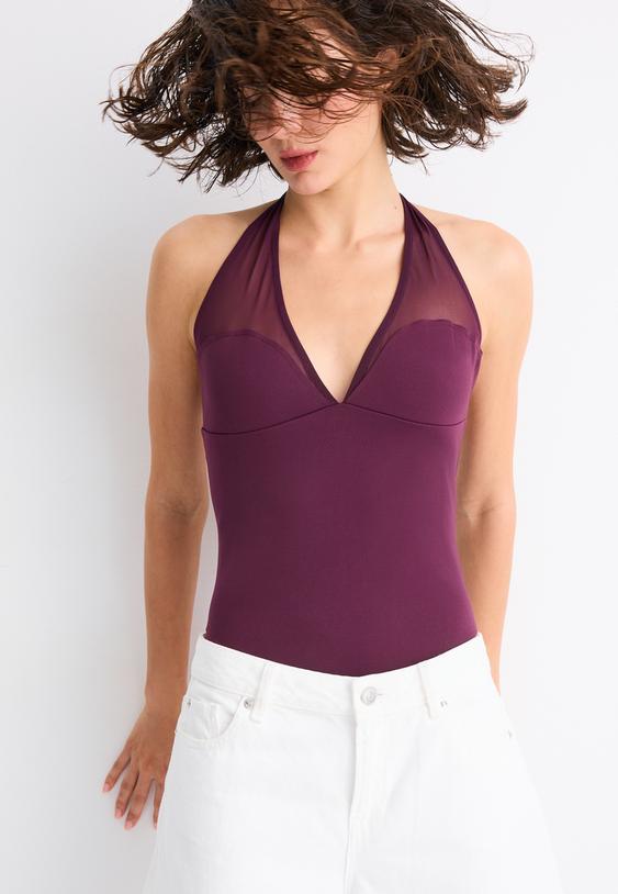 Stradivarius Mesh Halter Bodysuit Purple Xs