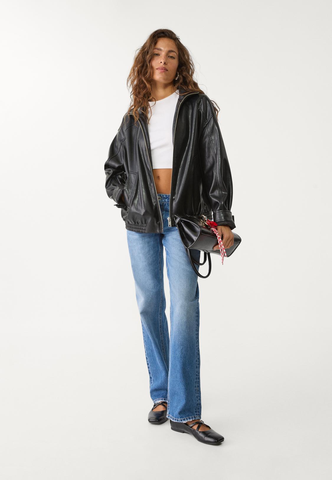 Cuero Cazadoras Negras Mujer Stradivarius Abrigo Cazadoras De