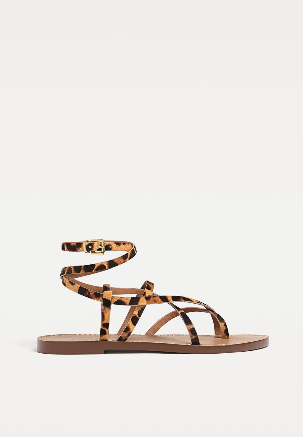 Flat strappy leather sandals leopard print