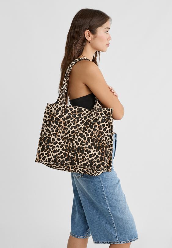 Leopar desenli kumaş tote çanta_0