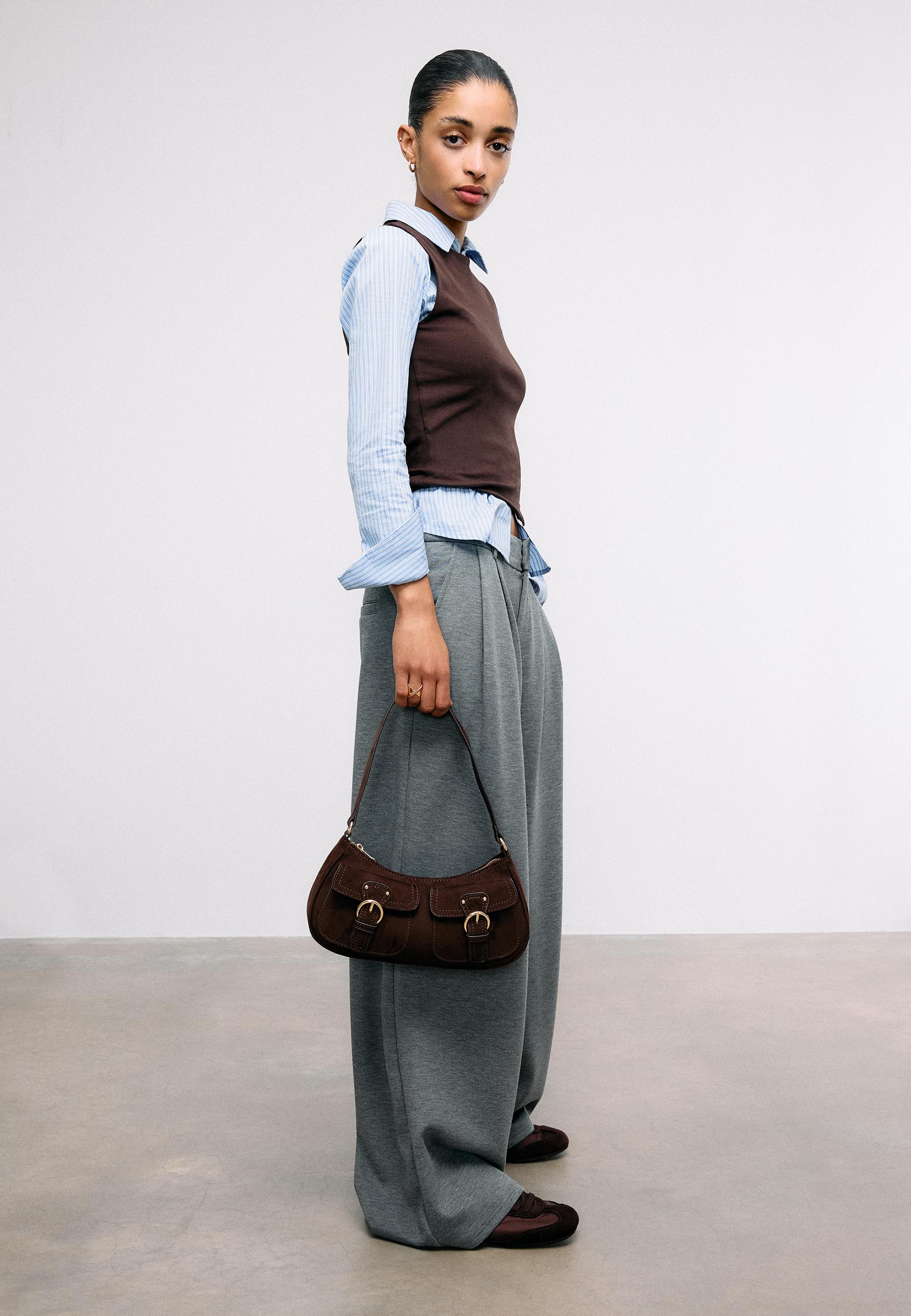 MOON SHOULDER BAG WITH POCKETS — Brown