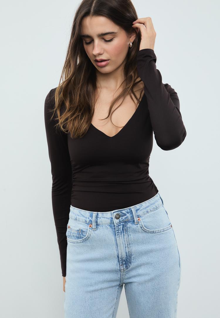 gathered polyamide bodysuit with v neckline