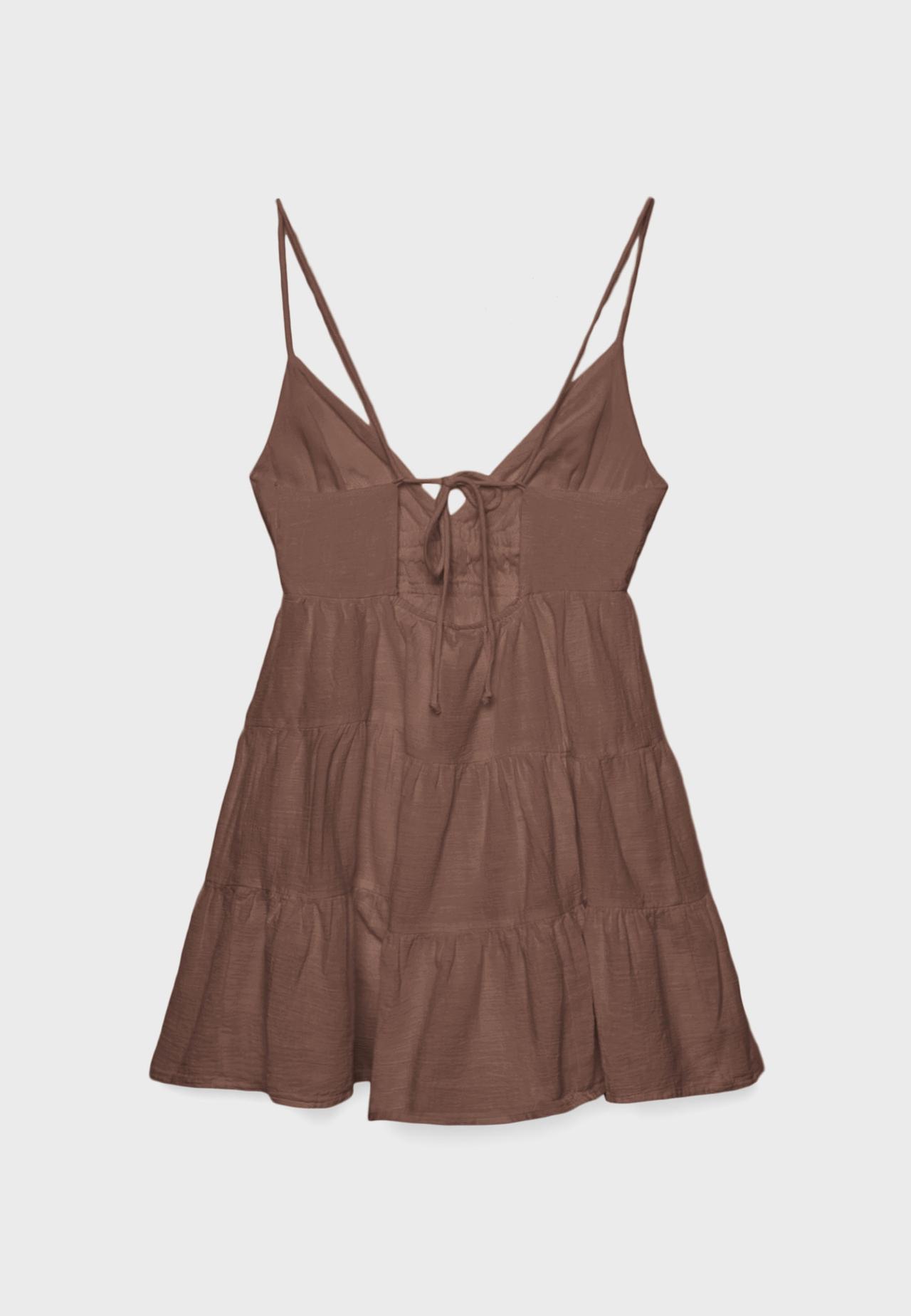Flowing mini dress with back tie — Brown