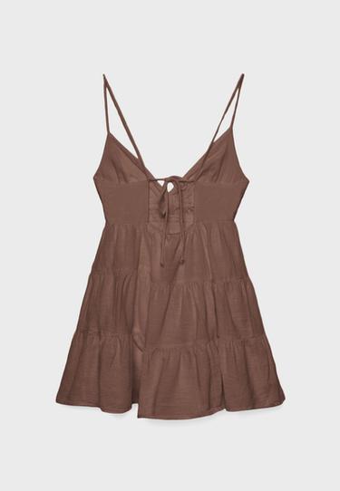 Flowing mini dress with back tie — Brown 8