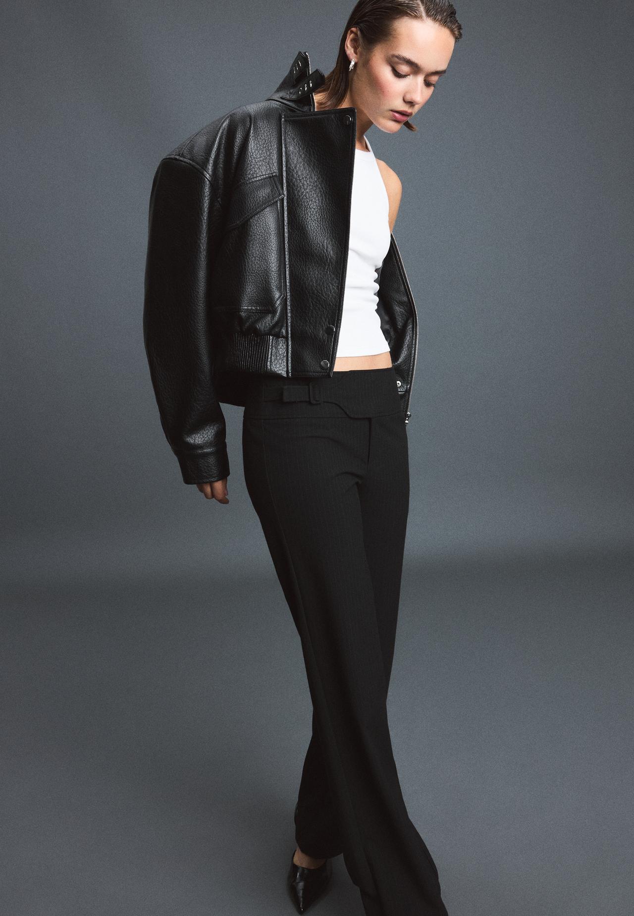Striped straight-leg trousers with buckle detail — Black