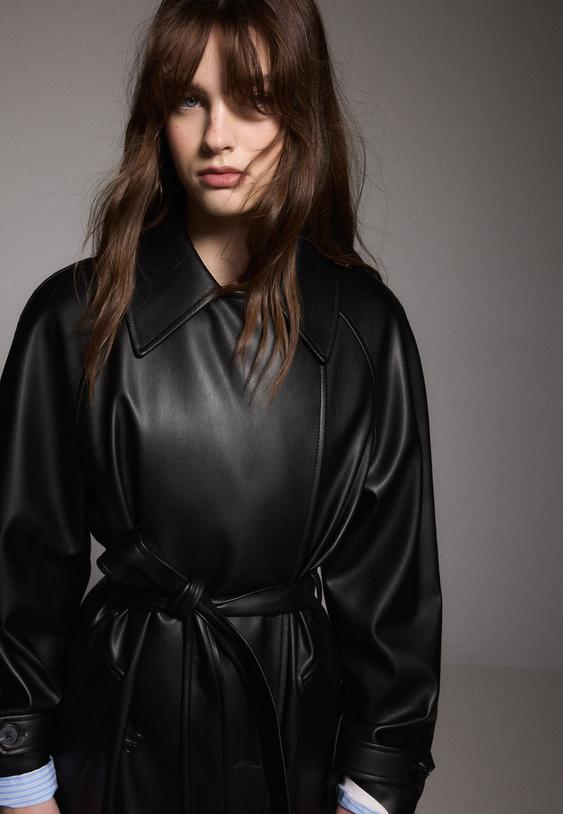 long faux leather trench coat
