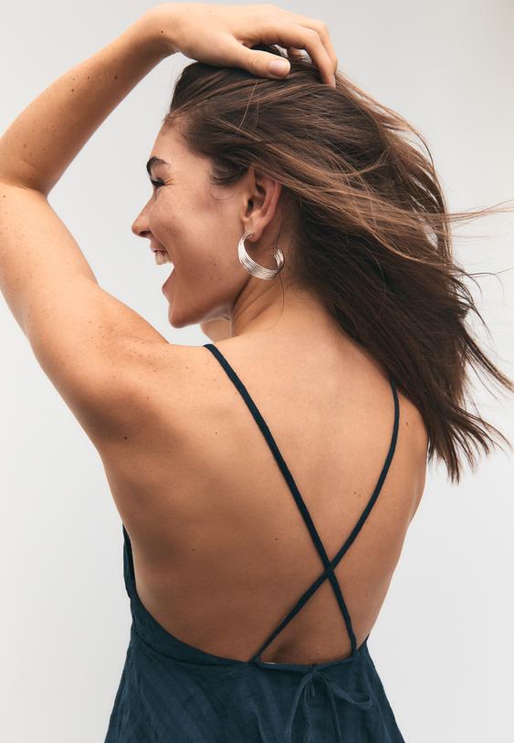 Stradivarius Short Ruffled Strappy Dress Dark Blue Xs