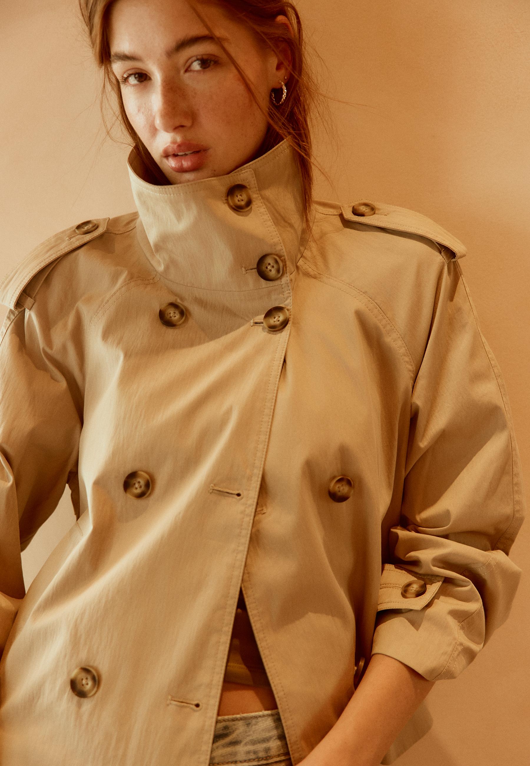 High-neck trench coat with belt — Beige