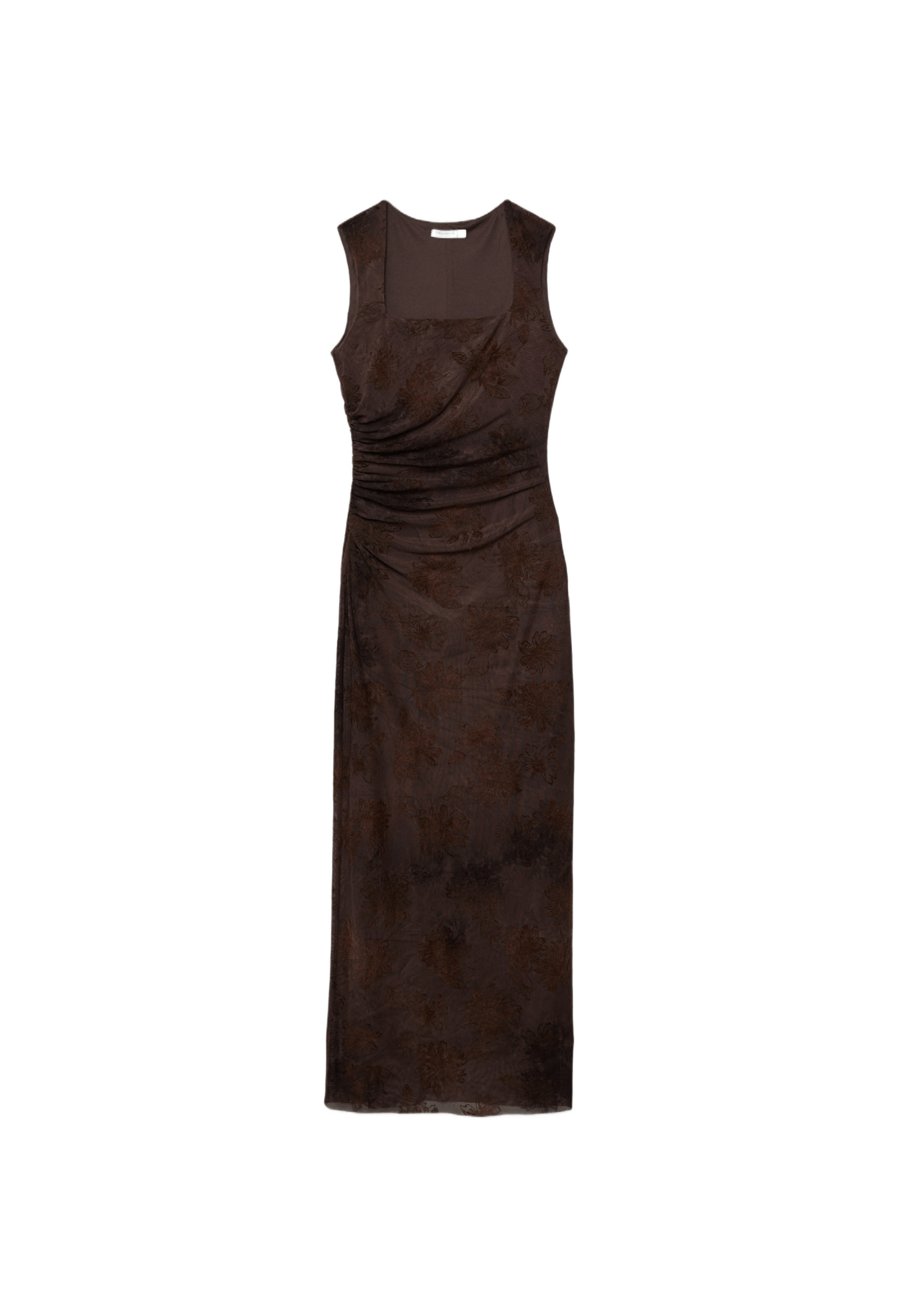 Tulle midi dress with square neckline — Brown