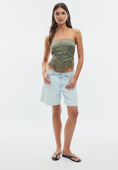 Embroidered fringe bustier top — Khaki 2