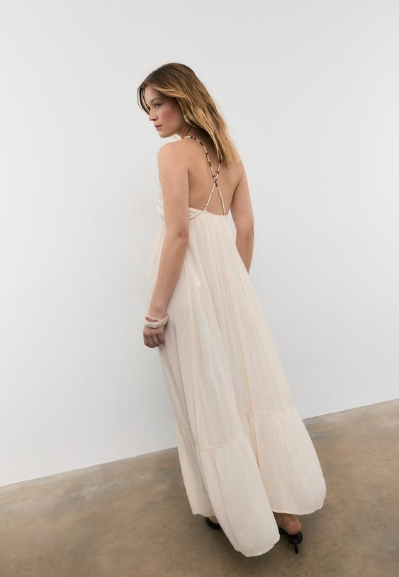 Stradivarius Robe Longue À Smocks Et Perles Vanille Xl