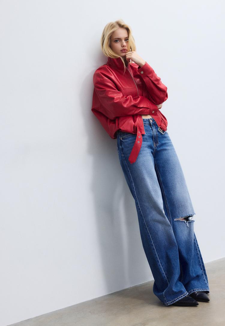 Stradivarius D91 Blugi Largi Cu Talie Joasă Efect Prespălat Denim Descleiat 44