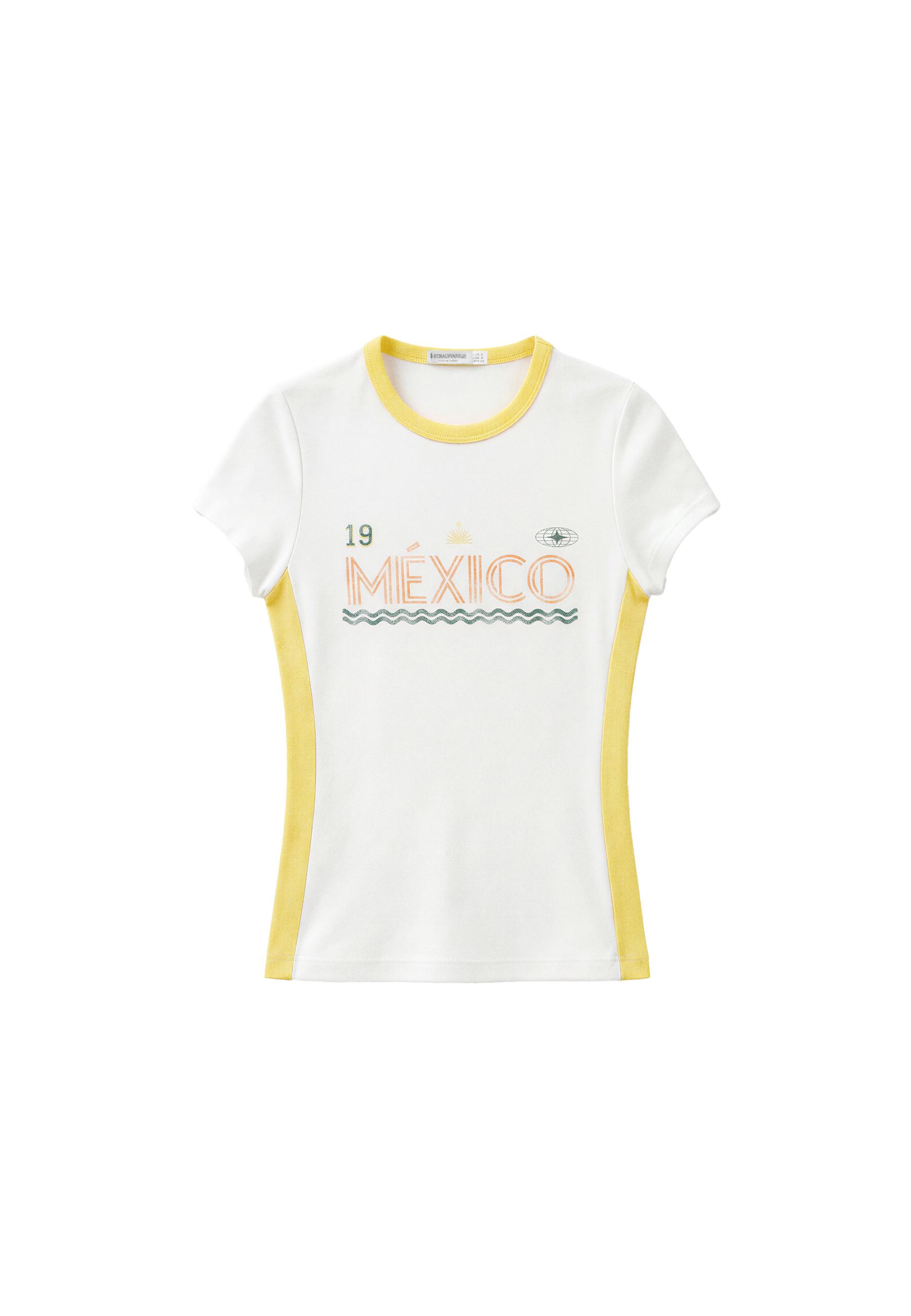 Contrast neck T-shirt with slogan — Pastel yellow