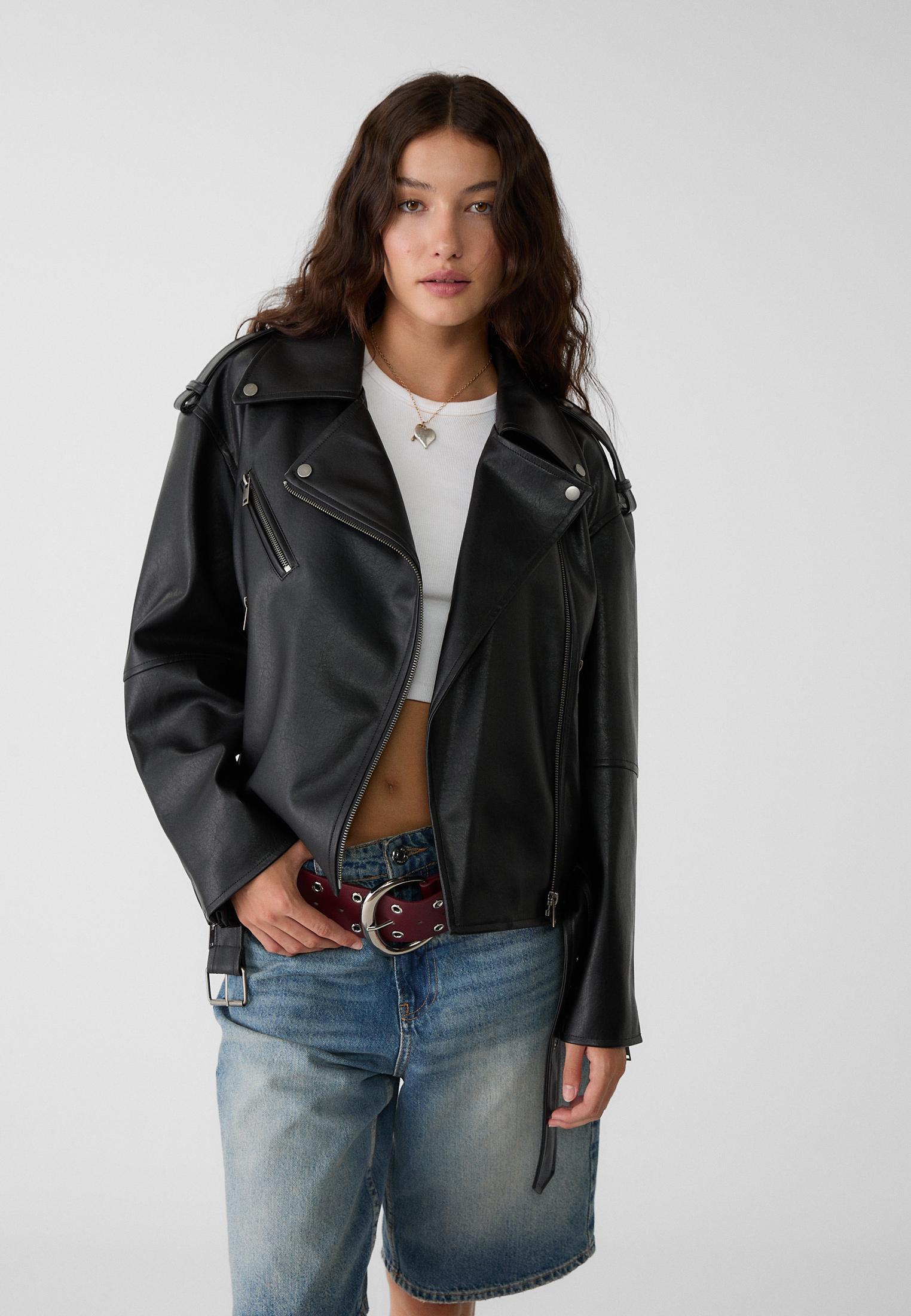 Oversize faux leather biker jacket Women s fashion Stradivarius United Kingdom