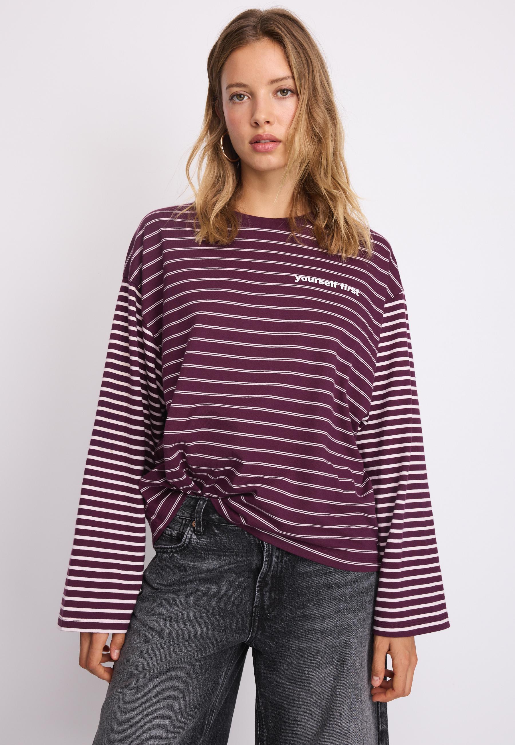 Long sleeve striped slogan T-shirt — Dark purple
