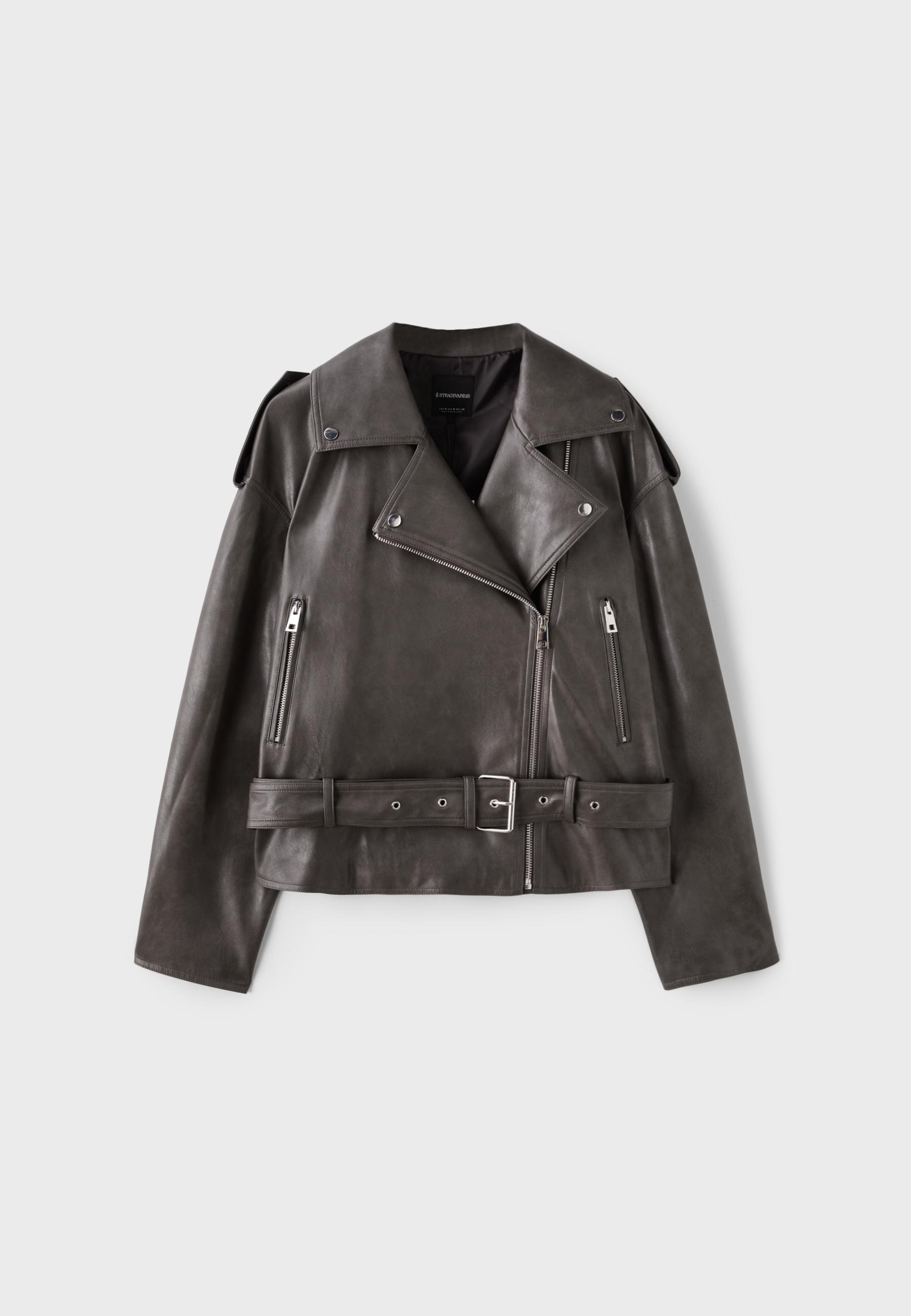 Leather effect biker jacket with belt — Dark grey