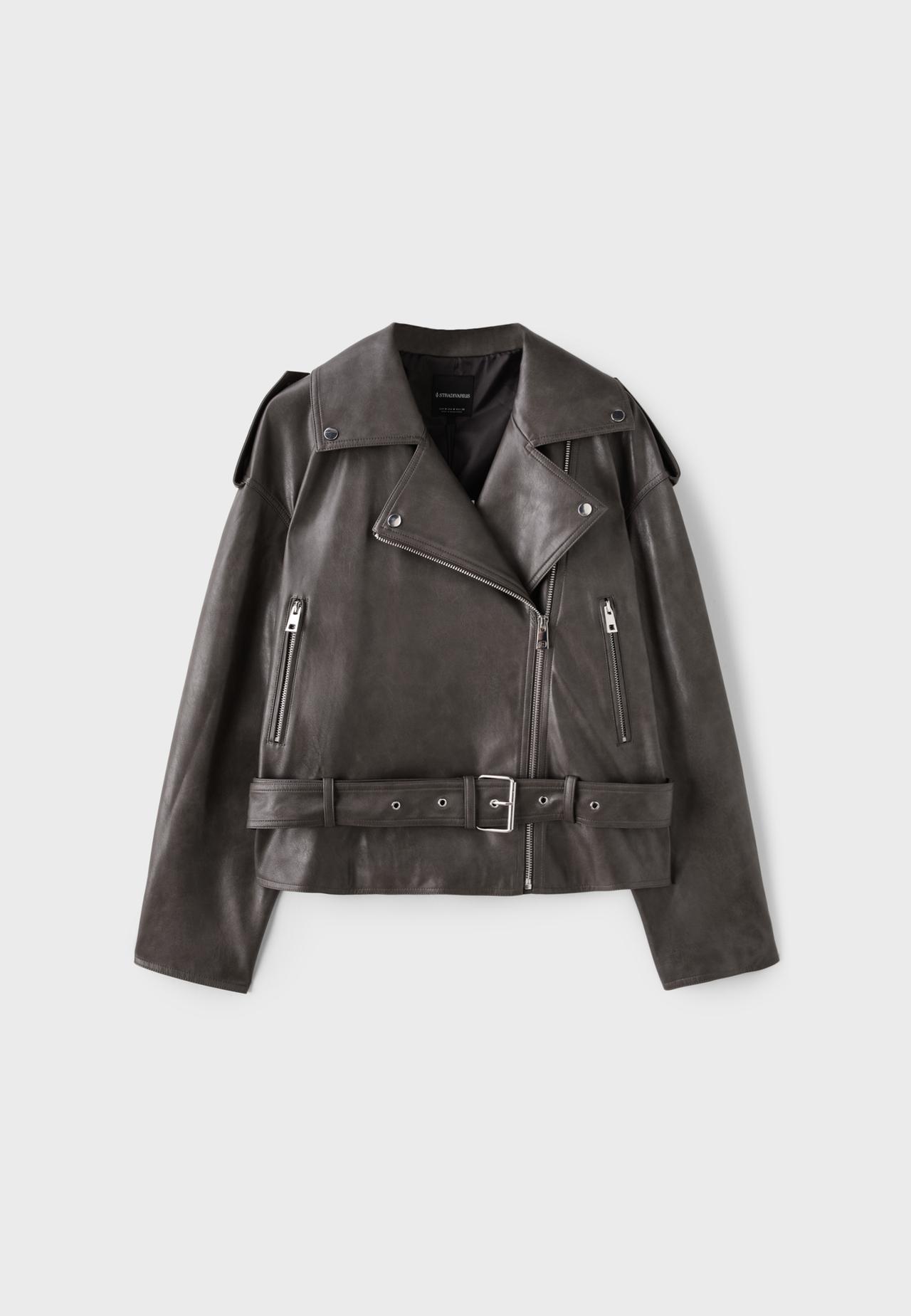 Leather effect biker jacket with belt — Dark grey