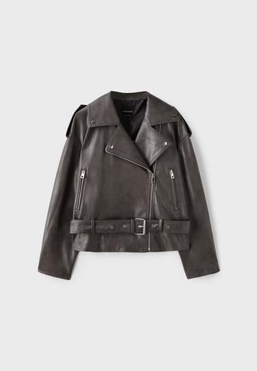 Leather effect biker jacket with belt — Dark grey 6