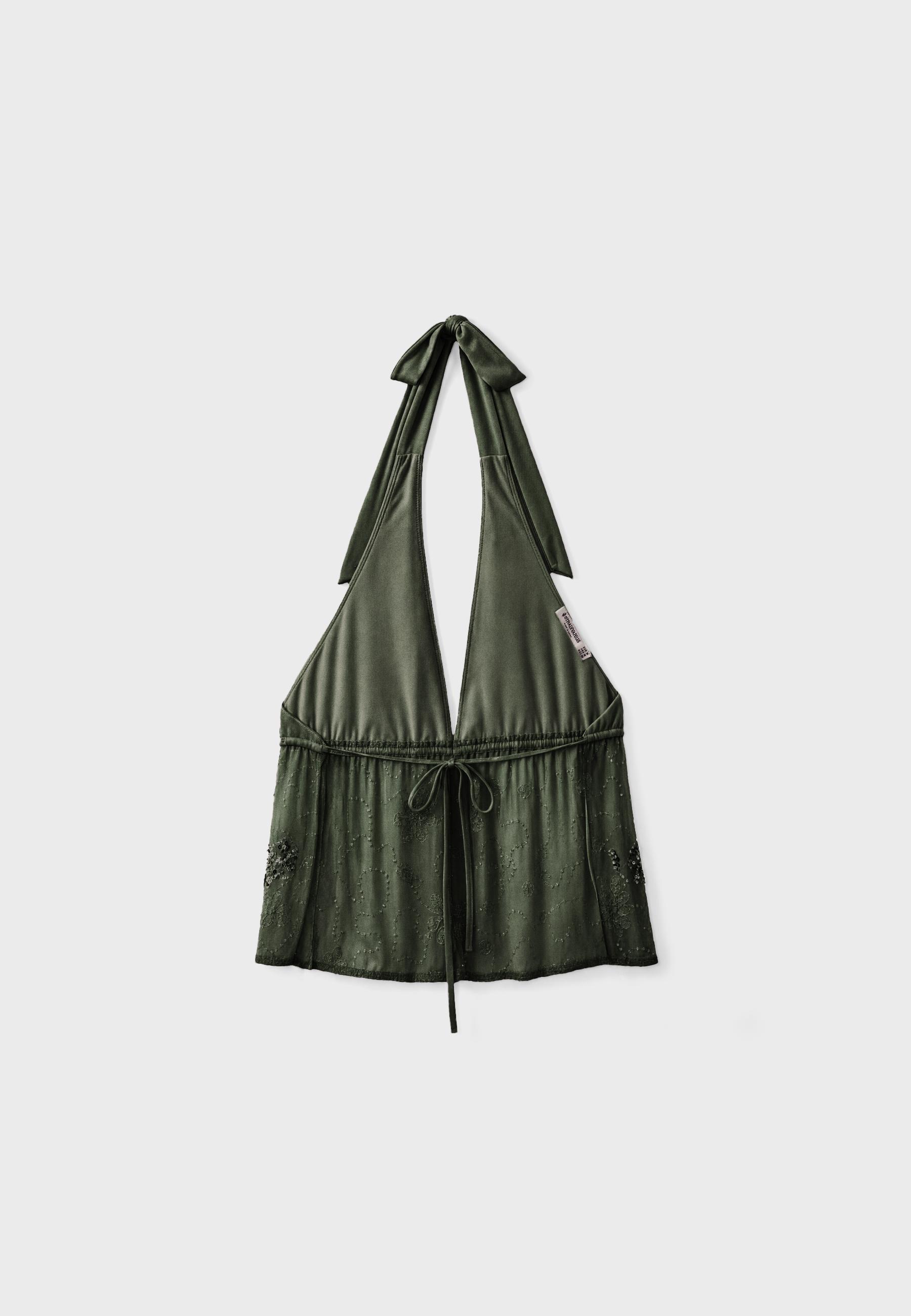Embroidered halter top with rhinestones — Khaki