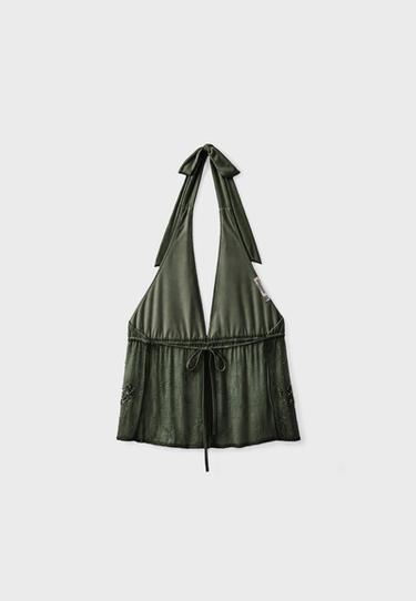 Rhinestone embroidered halter top — Khaki 8