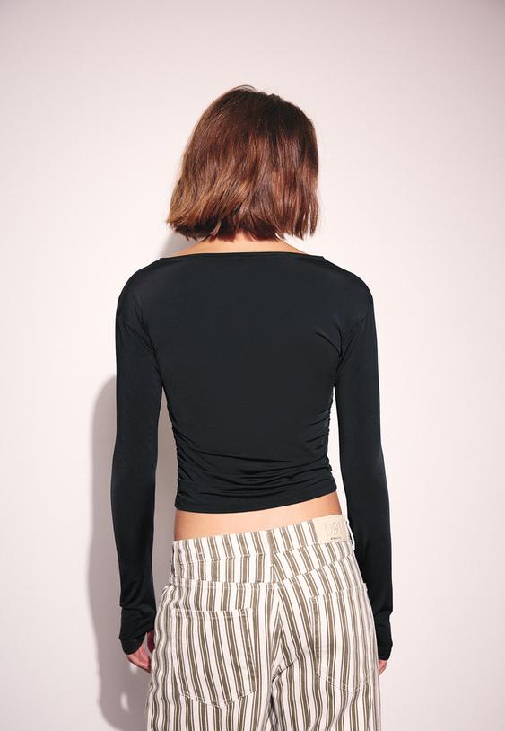 Stradivarius Tricou Din Poliamidă Cu Mânecă Lungă Și Pliuri Negru Xs
