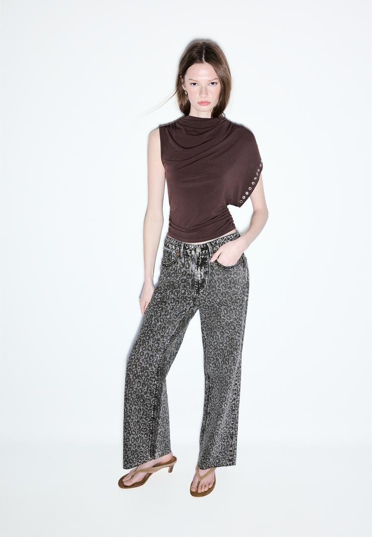 Stradivarius Τζιν Παντελόνι Straight Wide Με Λεοπάρ Τύπωμα Σκούρο Γκρι 38