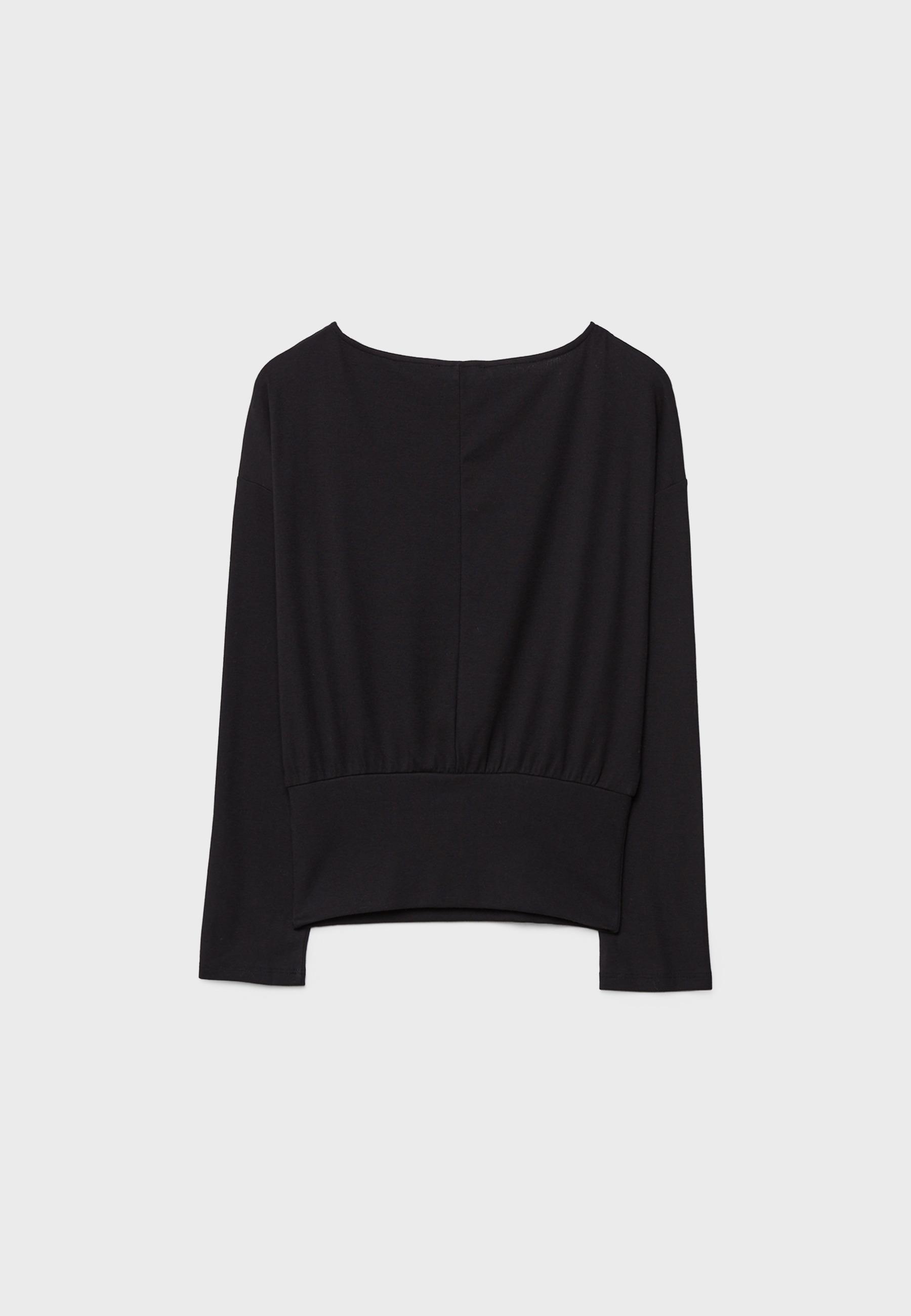 Boat neck long sleeve T-shirt with cummerbund hem — Black