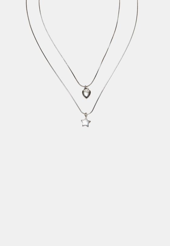 Stradivarius Set Of 2 Waterproof Star & Heart Necklaces Grey Os