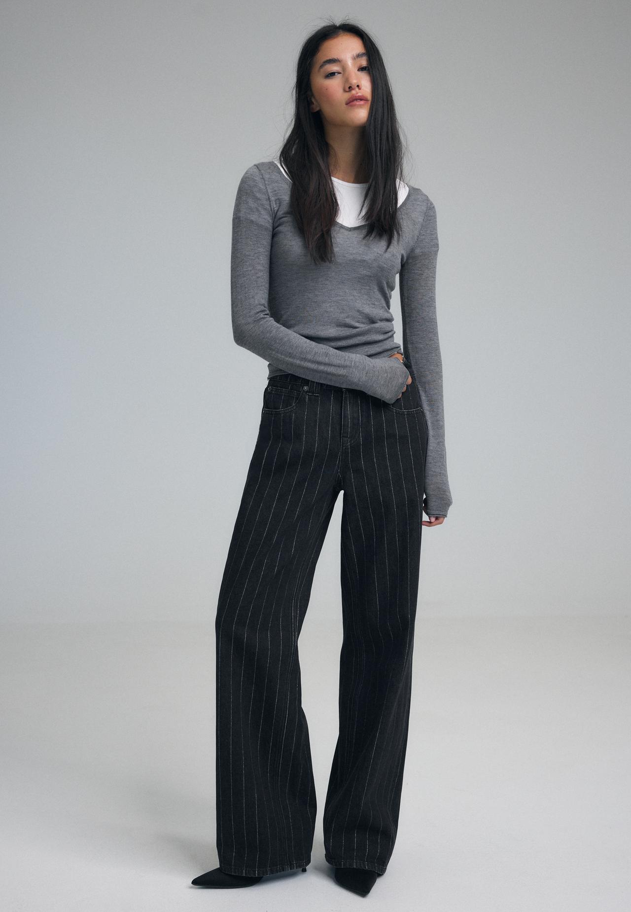 Straight wide-leg jeans with metallic thread stripes — BLACK DENIM WASH