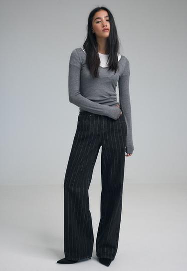 Straight wide-leg jeans with metallic thread stripes — BLACK DENIM WASH 1