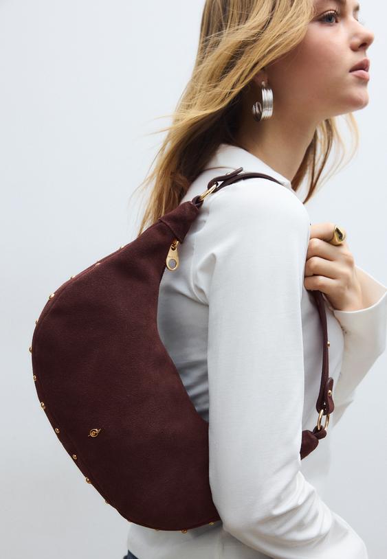 Stradivarius 100% Leather Studded Shoulder Bag Brown Os