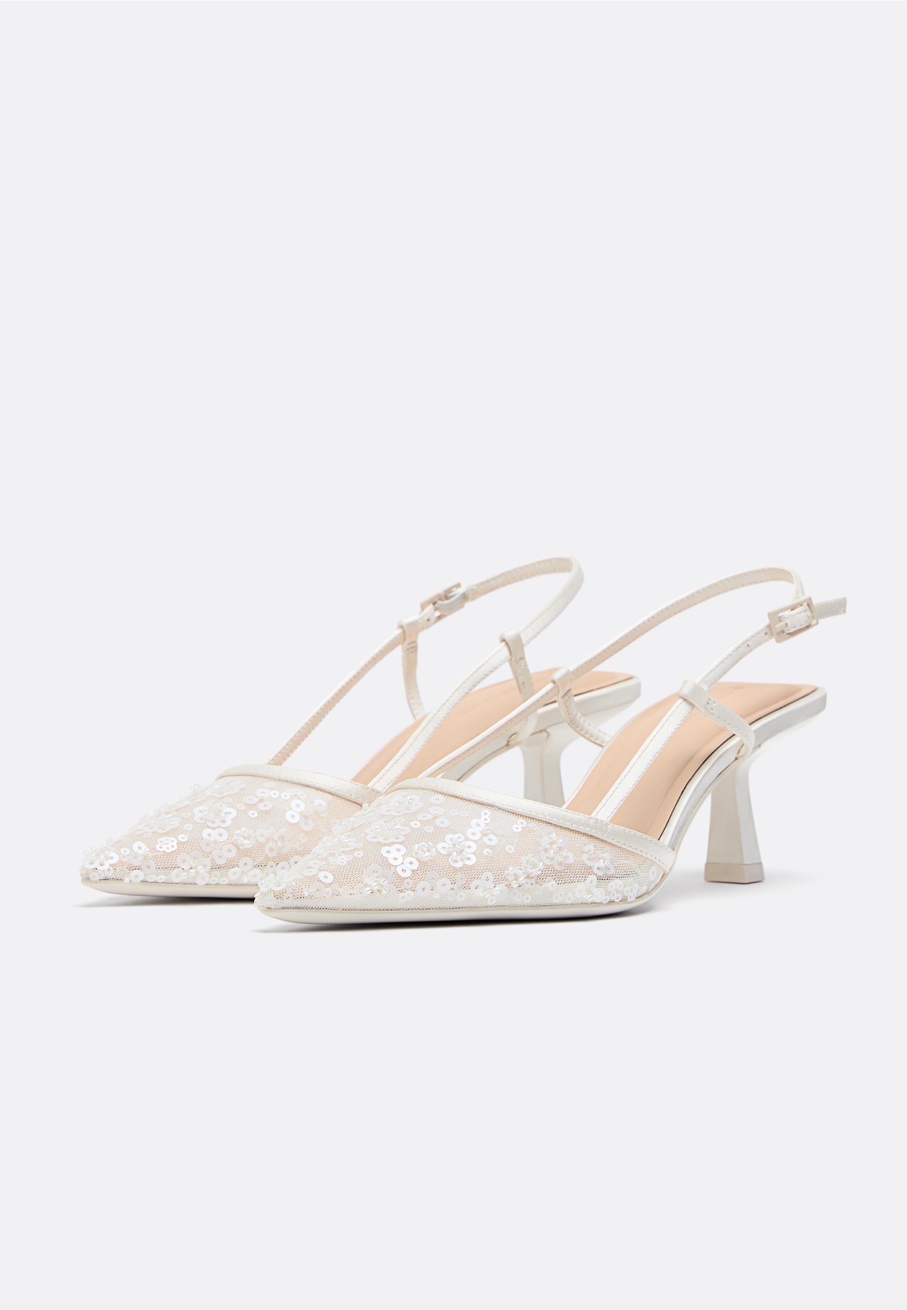 Rhinestone mesh kitten heel shoes — BEIGE