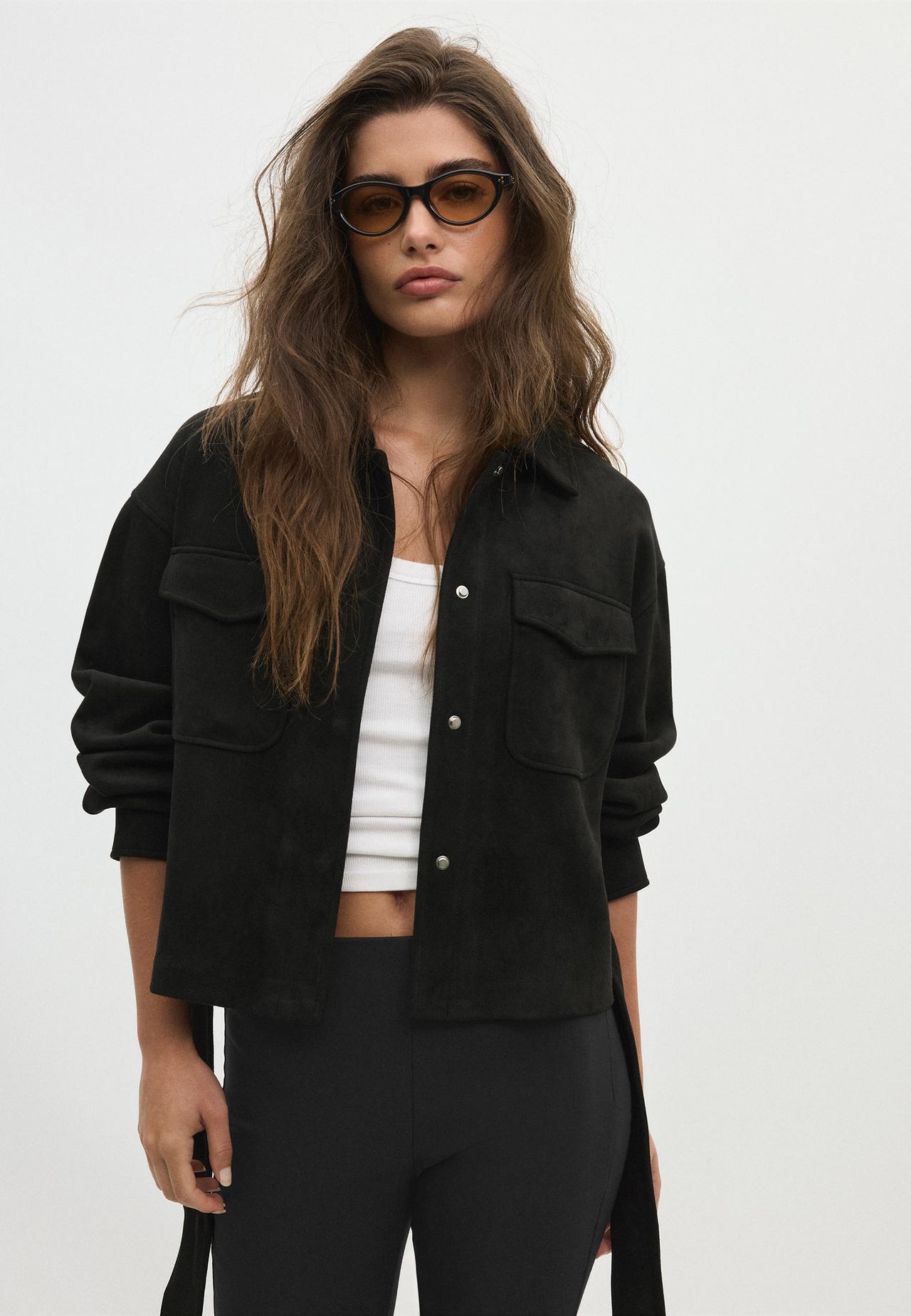 Cropped faux suede jacket — Black