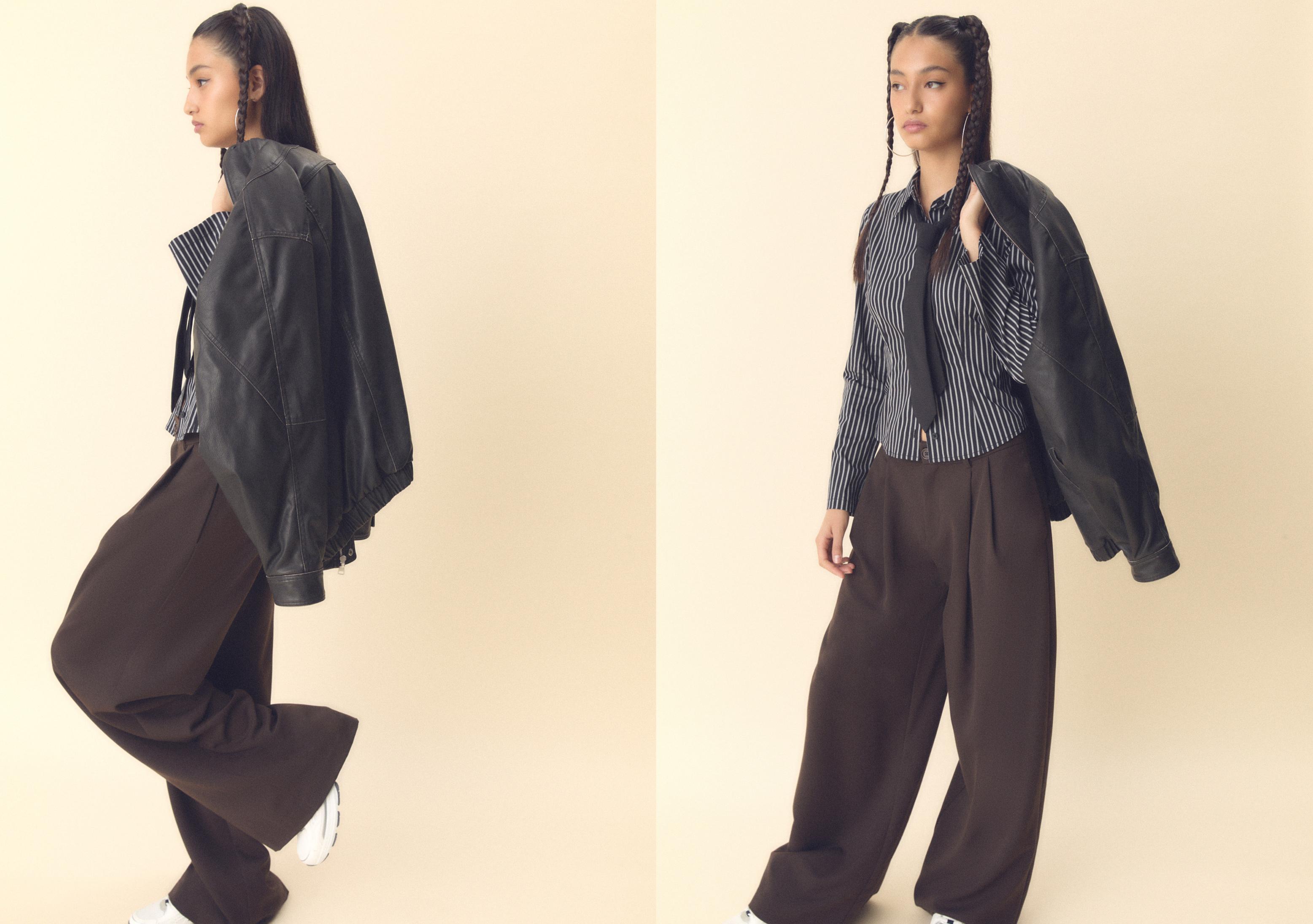 Wide-leg tailored trousers with darts — Brown