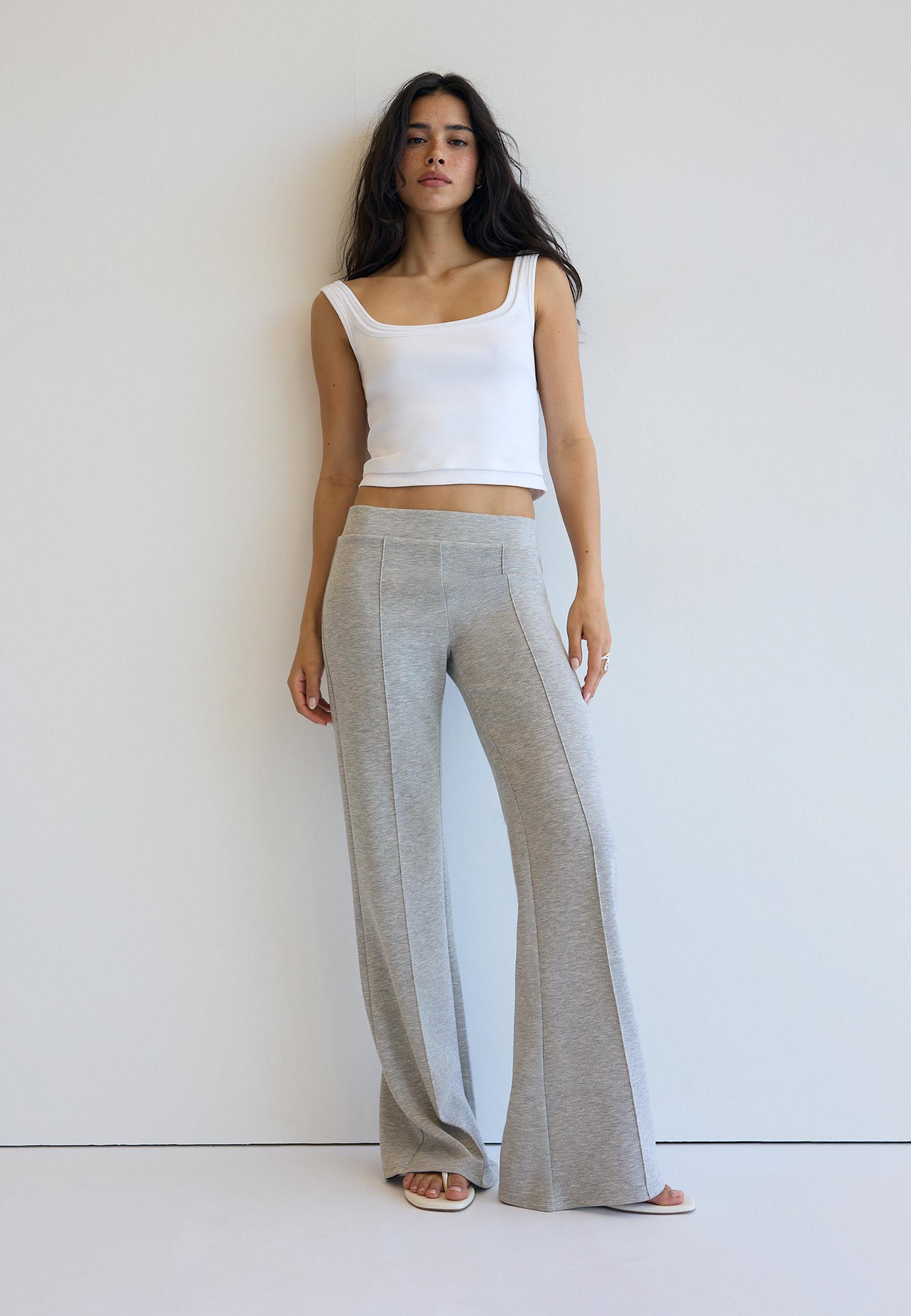 Soft-touch bell bottom trousers with front seam detail — Grey melange