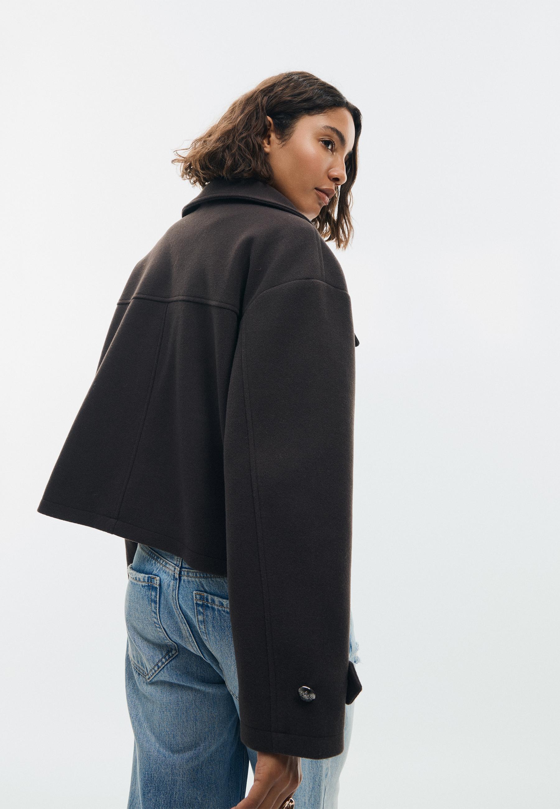 Soft-touch crossover high neck jacket — Brown
