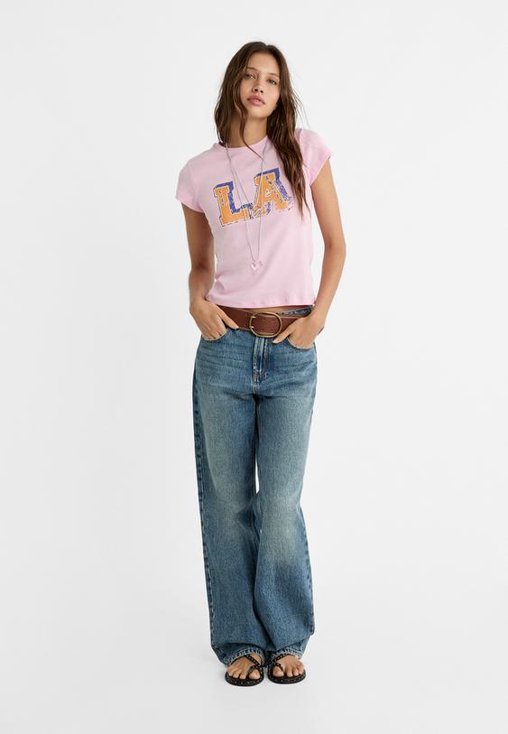 Stradivarius T-Shirt Mit La-Aufdruck Kaugummirosa S