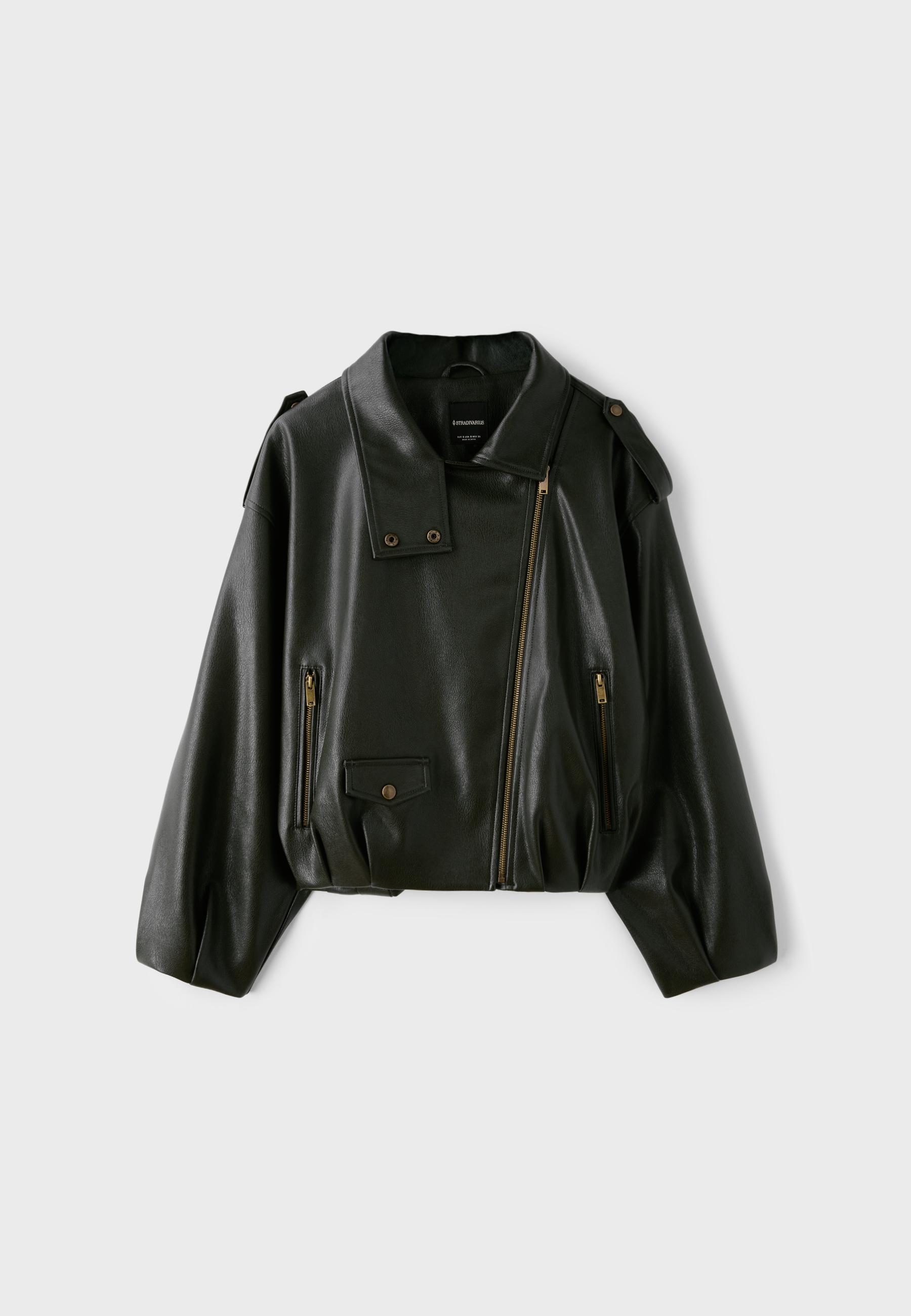 Leather effect balloon sleeve biker jacket — Green